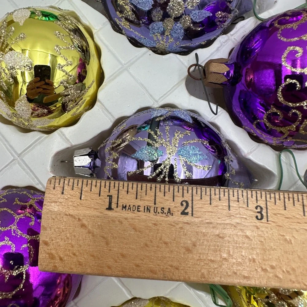 Vintage Glass Christmas Ornaments Purple Gold Green Romania Commodore Lot 17